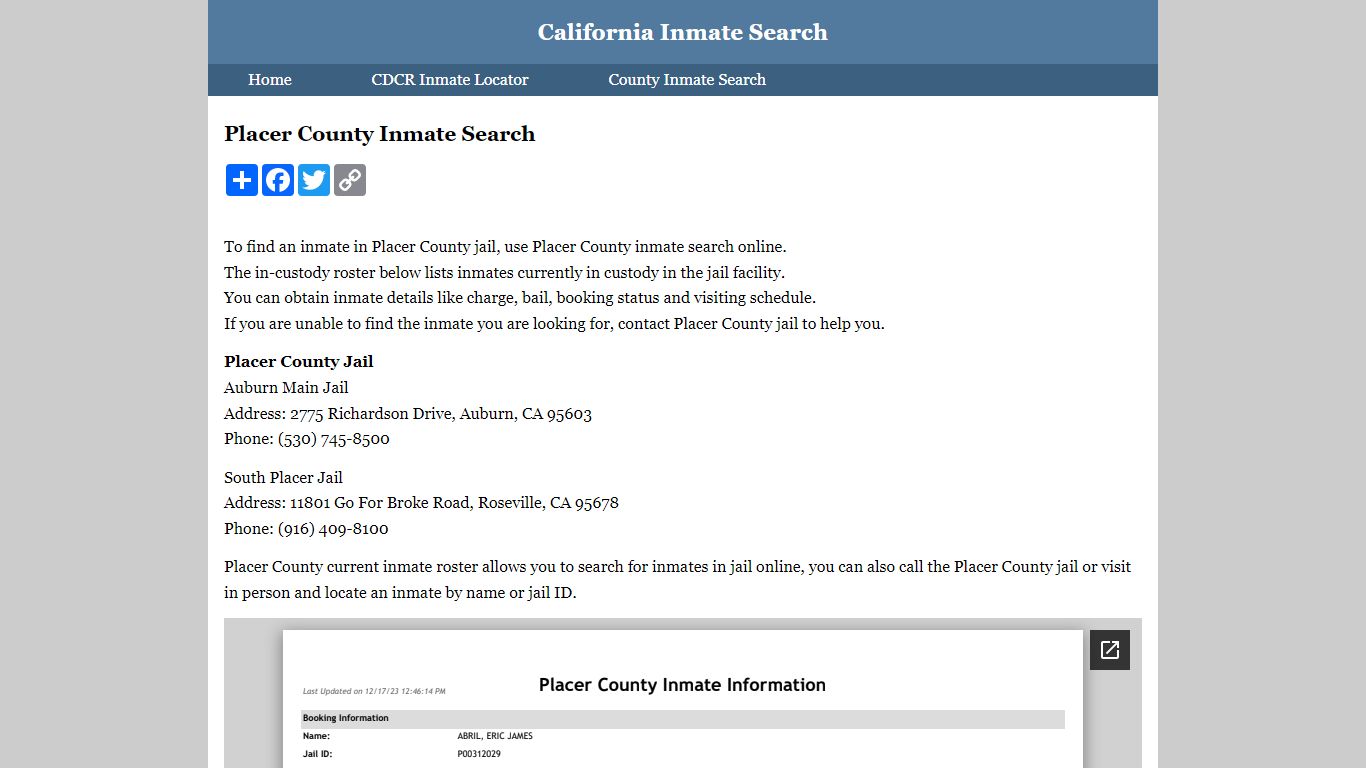 Placer County Inmate Search